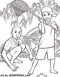 Boys with Net Coloring Page Artist