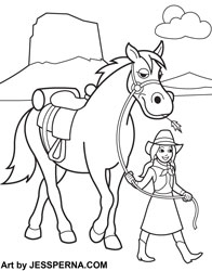 Cow Girl and Horse Coloring Page
