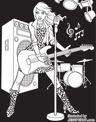 Girl Playing Guitar in Band Coloring Page